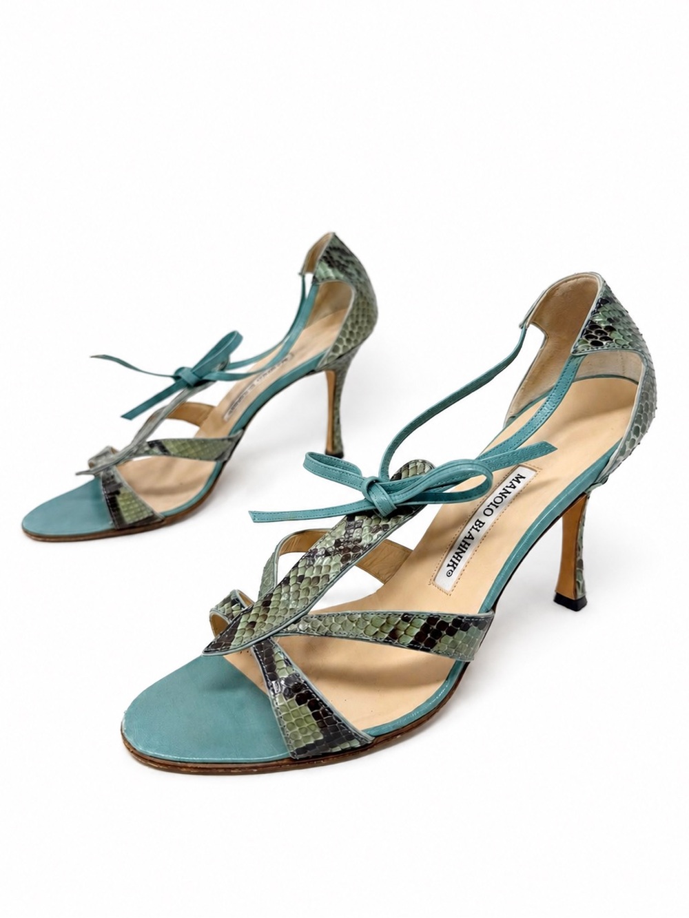 Manolo Blahnik Green Snakeskin Lace Up Sandal Heels Womens Size EU 40